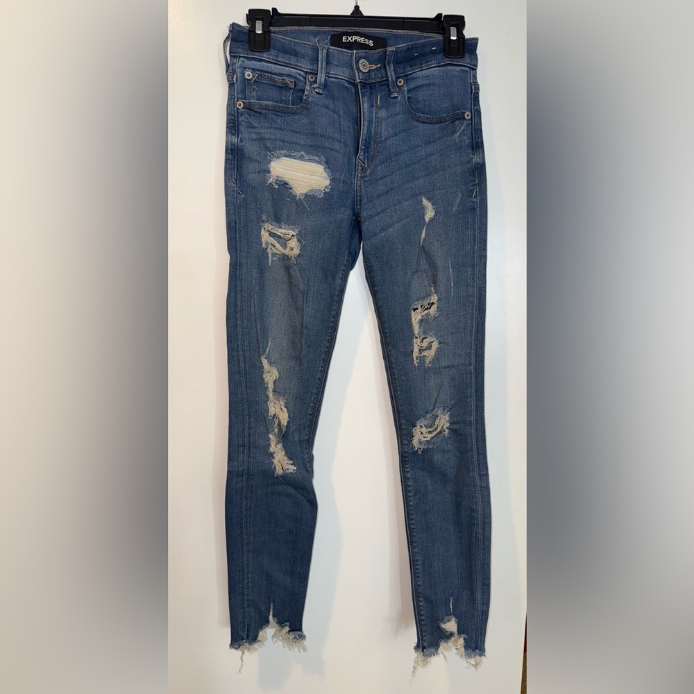 Express Blue Skinny Jeans with Vintage Distressing